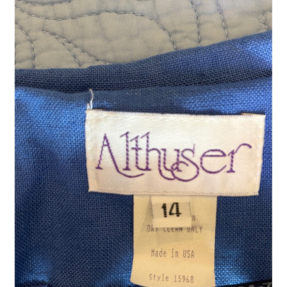 Vintage Althuser Blue 100% Linen Button Front Midi Dress Sheath Made in USA 14 - Picture 4 of 8